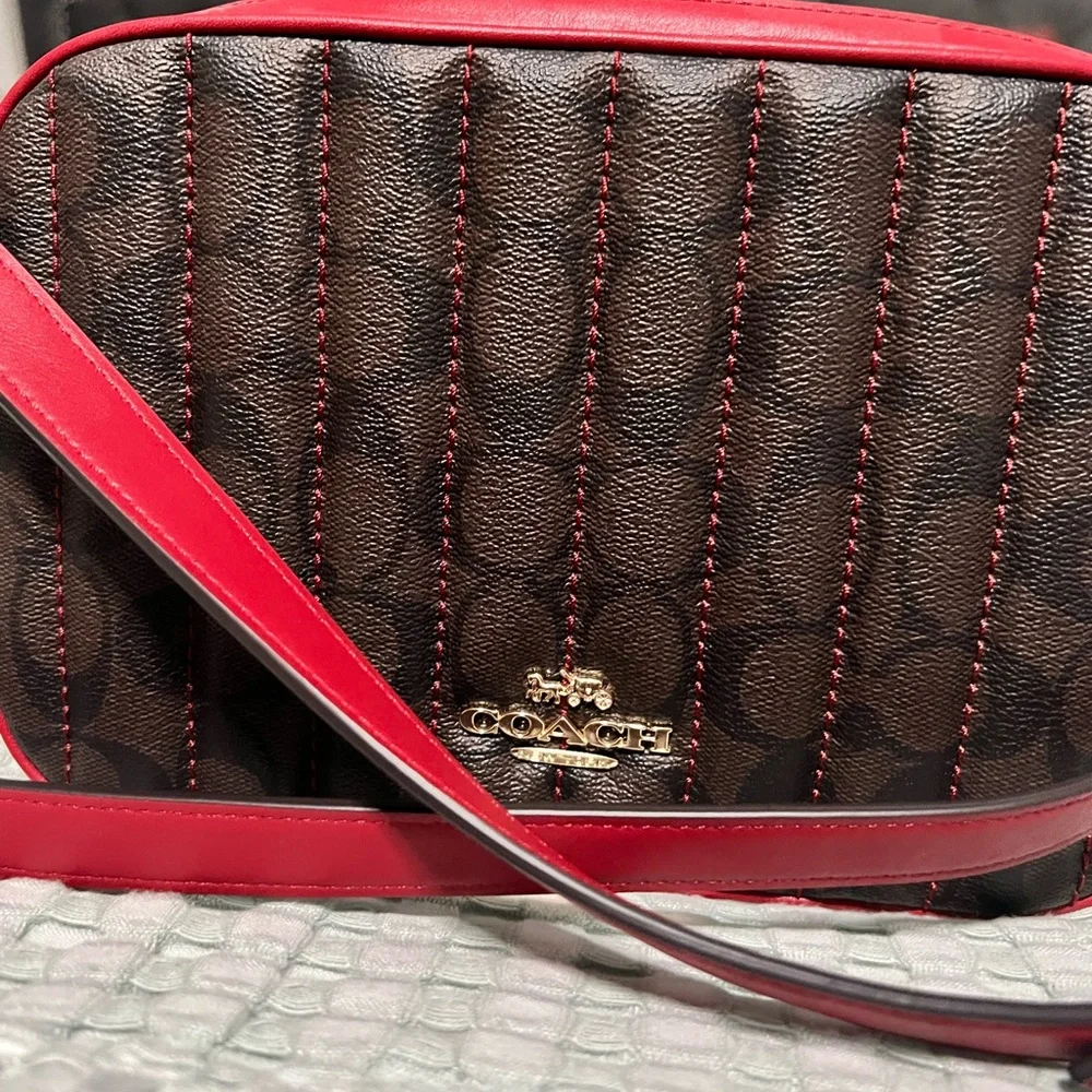 NWOT Coach Jes Red and Brown Signature Crossbody Bag - Picture 2 of 9